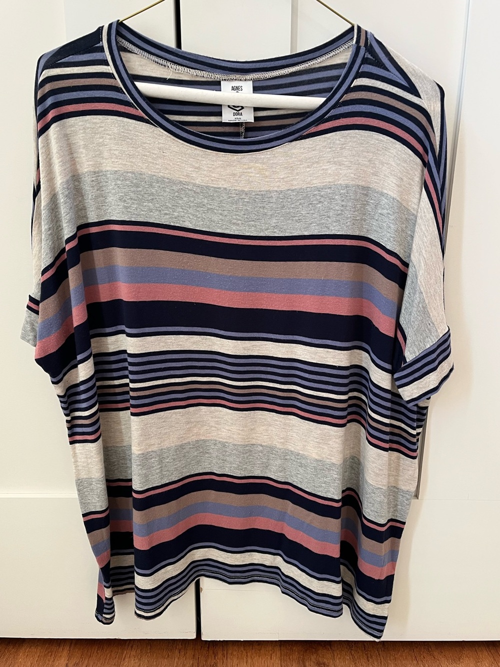 Agnes & Dora Striped Short-Sleeve Boxy Tunic in Navy, Gray & Pink